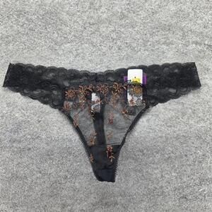 SAKI SILVER Panties Womens L Black Thong Lace Sheer Floral Embroidered Stretch